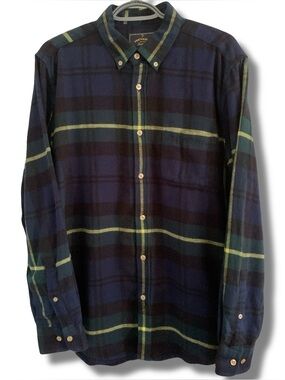 Portuguese Flannel Button Down Blue Green with Yellow Details Size Large